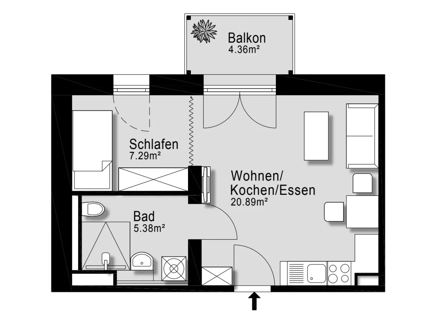 Mustergrundriss mit Balkon: offener Wohn- und Schlafbereich und Bad. | Seniorenresidenz Fischbeker Höfe